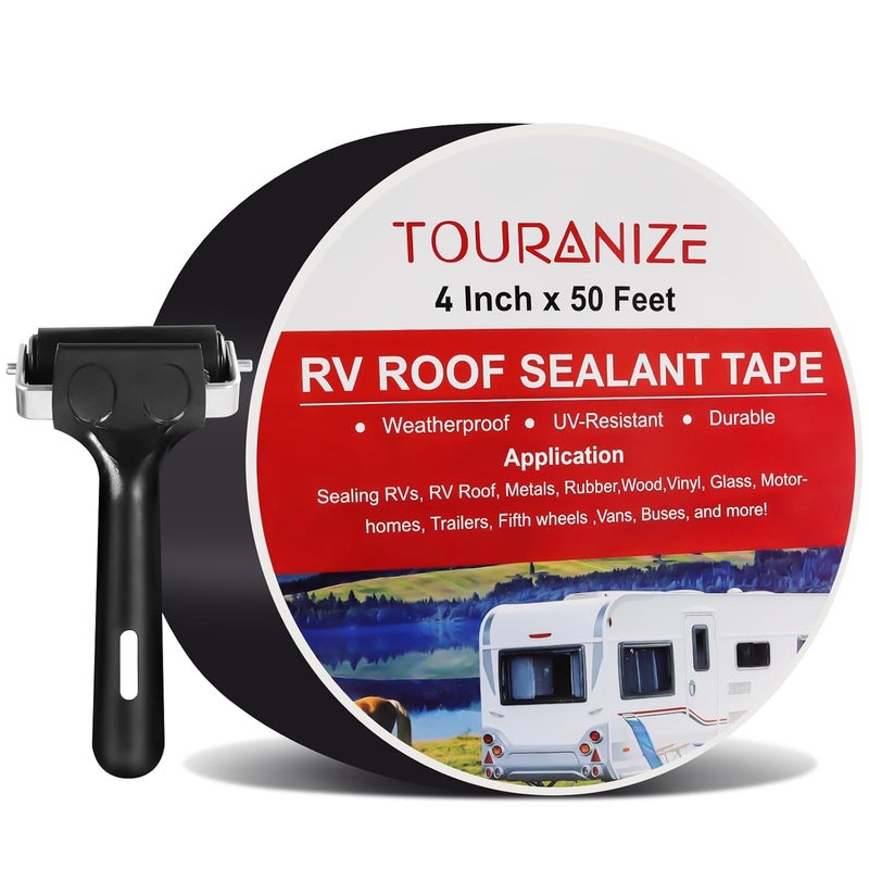Touranize شريط مانع تسرب بيوتل مع أسطوانة مطاطية، 4 بوصة × 50 قدم شريط سقف RV لإصلاح سقف الكامبر، ختم القوارب، تسربات سقف المقطورة، مقاوم للأشعة فوق البنفسجية، مقاوم للماء، أسود - Image 1